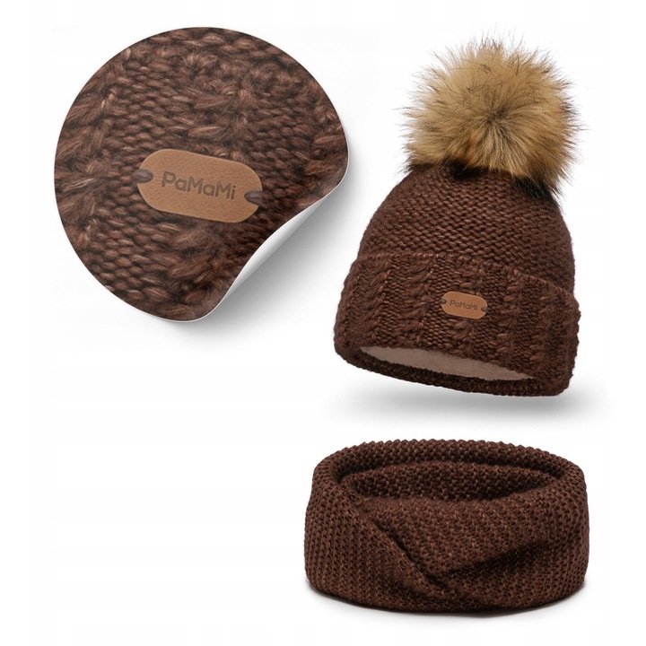 Női téli szett, Pamami, sapka csősállal, 51% merinó gyapjú, barna, 55-58 cm
