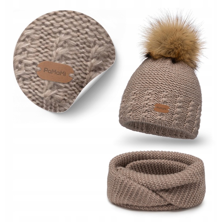 Női téli szett, Pamami, bojtos sapka és nyakmelegítő, barna, 55-58 cm