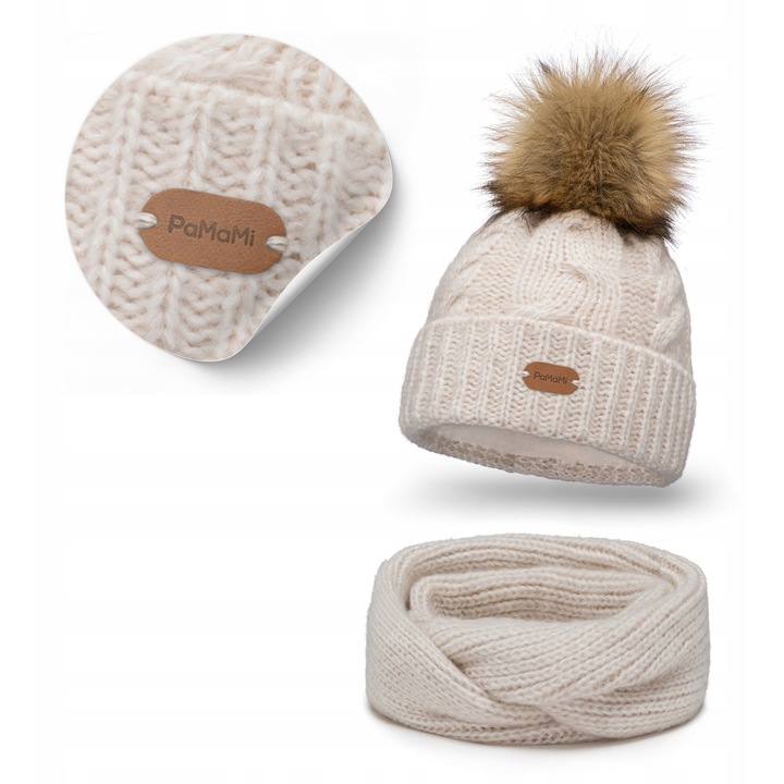 Női téli szett, Pamami, sapka és sál, merinói gyapjú, krémszínű