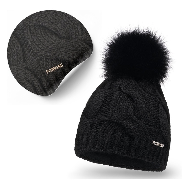 Női téli sapka, Pamami, fekete, 55-58 cm, polárral és öko pomponnal