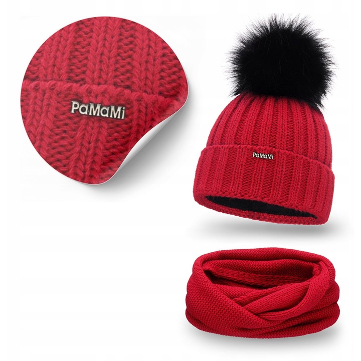 Set de iarna pentru femei, pamami, universal, marime 55-58 cm, caciula cu pompom, esarfa calduroasa, culoare rosie, setul include caciula si esarfa, material: 15% poliamida, 85% acril, captuseala din fleece, nu se zgarie, nu se schimba la spalare, pentru