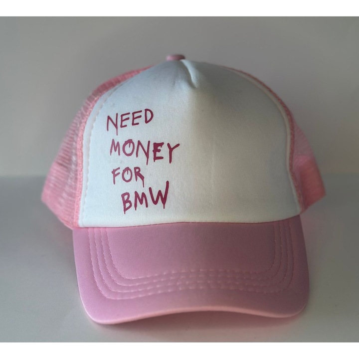 Sapca baseball, "NEED MONEY FOR BMW", ajustabila, unisex, model cu plasa pentru o aerisire foarte buna, pentru drumetii, sport, alergat, fashion, roz