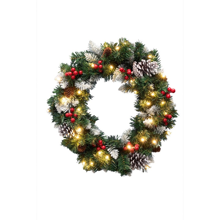 HOME KMK45LED LED изкуствен венец, 45 см, 35 бр. топлобели светодиоди, 8 програми, таймер, 2D въртележка, захранван от батерии, за вътрешен дизайн