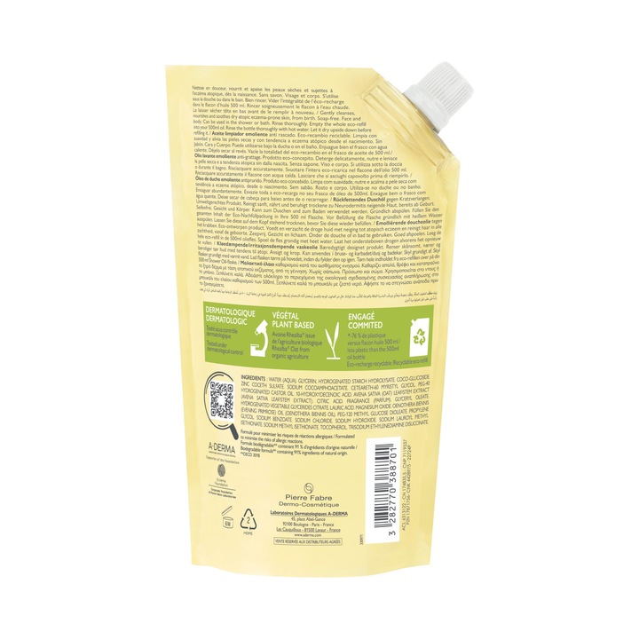 Ulei de dus emolient Exomega Control A-Derma Rezerva Eco Refill piele uscata, atopica, 500 ml