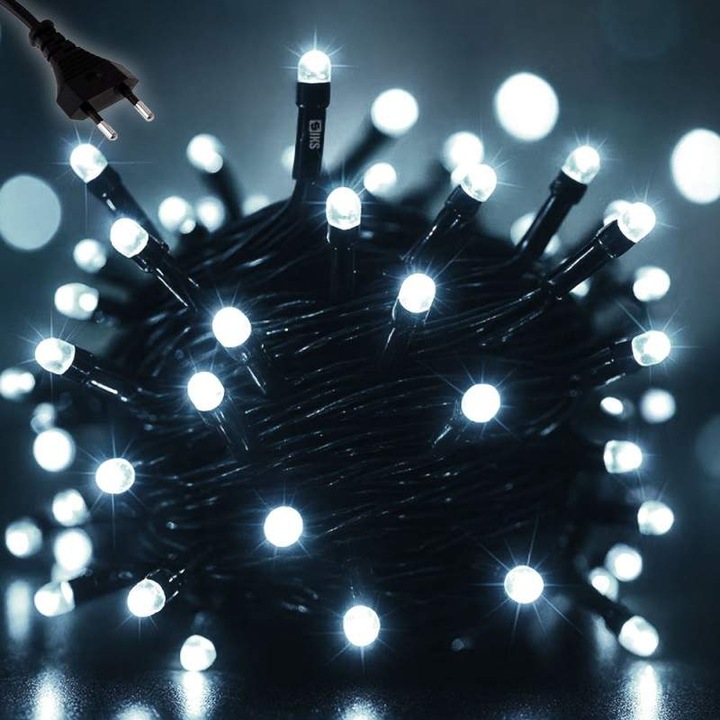 Instalatie De Craciun Liniara Led SIKS, 30 M, 300 LED-uri Mari Sidefate, Cu 8 jocuri de lumini, Pentru Exterior/Interior, Brad, Foisor, Fir Negru, Alb Rece