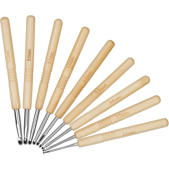Set 9 Crosete din Bambus cu Cârlig Aluminiu Miraza, Marimi 2.0-6.0 mm, Ergonomice, Bej