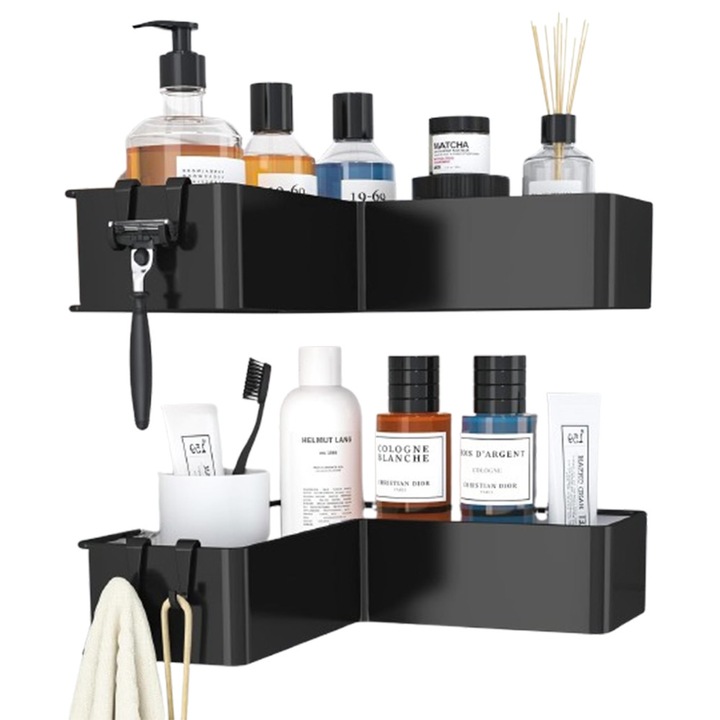 Рафт за душ, Bedee, ъглова етажерка за баня, комплект от 2 рафта за душ, 4 куки, с лесен монтаж и без пробиване, устойчив на ръжда, метал, подходящ за бани, кухни и перални помещения, черен