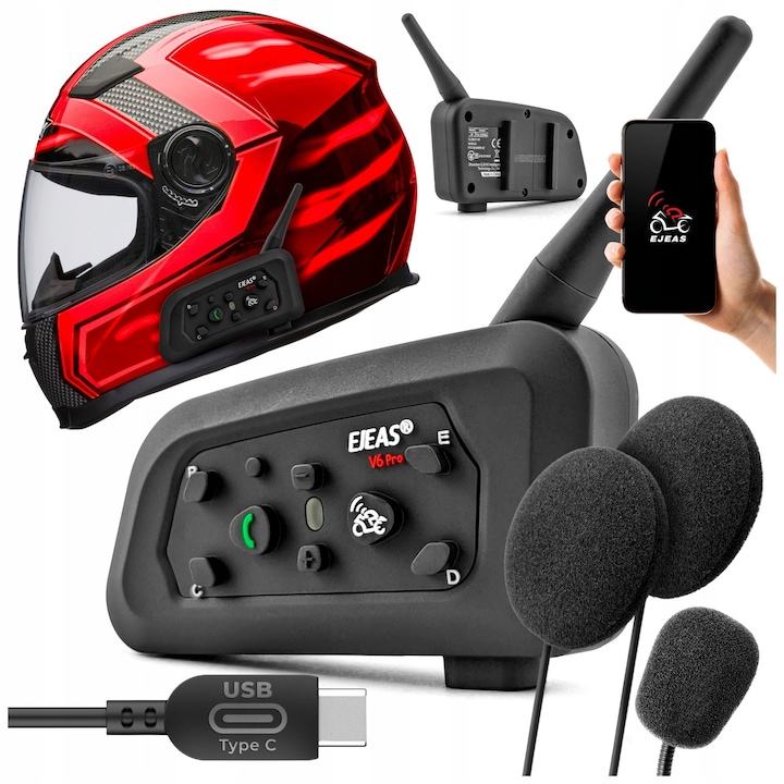 Sistem de comunicare interfon moto Ejeas V6 Pro Plus, Bluetooth 5.1, impermeabil IP67, conferinta full-duplex 1200m, functie handsfree, anulare zgomot DSP, sunet HD, baterie 850mAh, montaj universal, compatibil aplicatie SafeRiding, set