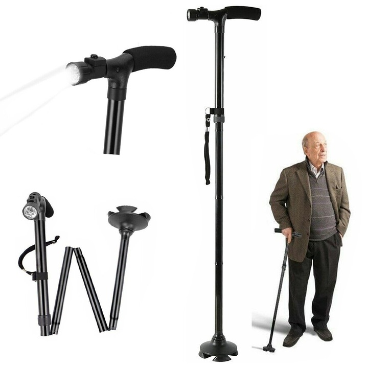 Здрав сгъваем бастун, Bedee, ергономичен и разтегателен, с LED и Т-образна дръжка, лек и преносим, регулируема височина, идеален за пътуване и ежедневна употреба, предлага стабилност и опора до 120 кг, черен