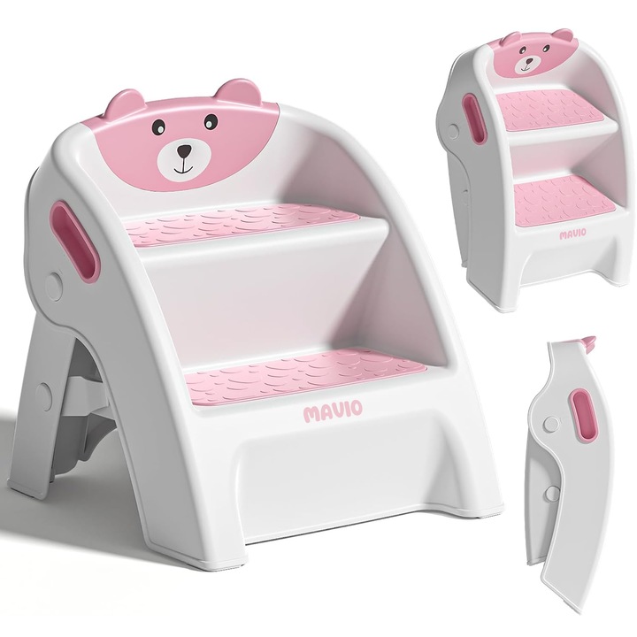 Scaunel Copii Mavio®, Model Little Bear, Scara cu Suprafata Antialunecare, Inaltator WC in Doua Trepte, Maner Transport, Taburet Pliabil pentru Baie, Toaleta, Chiuveta, Bucatarie, Greutate Suportata 68kg, Roz