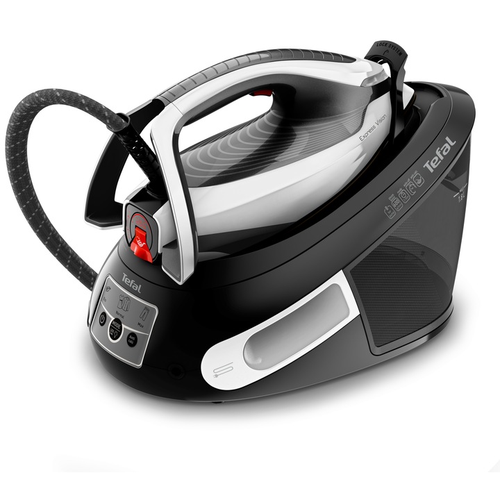 Statie de calcat cu abur fara boiler Tefal Express Vision SV8156E0, 2800 W, presiune 8 bari, jet de abur 600 g/min, abur variabil 0 - 130 g/min, rezervor detasabil 1.8 L, talpa Durilium Autoclean, mod Eco, tehnologie LED Vision, colector calcar, negru