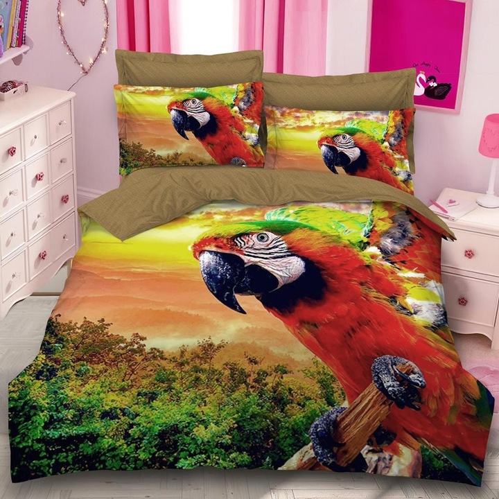 Lenjerie de pat 2 persoane (set 6 piese), imprimeu papagali 3D, 200x230cm, 230x250cm, 50x70cm, 70x70cm