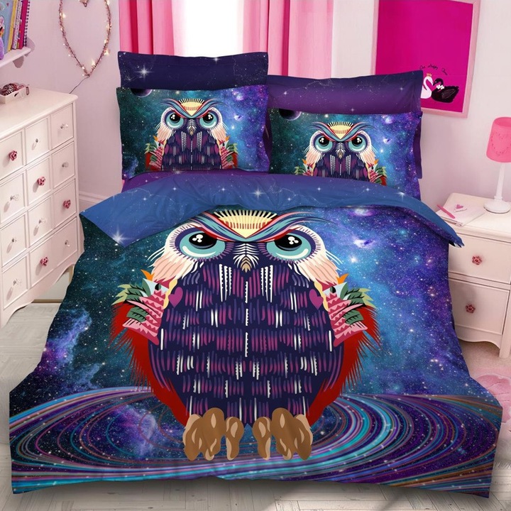 Lenjerie de pat, 2 persoane, imprimeu identic 3D, finet, 6 piese, albastru, cu bufnita, LFD114