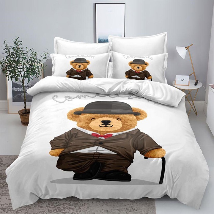 Lenjerie de pat 2 persoane, imprimeu 3D alb, set 6 piese, finet, cearceaf pilota 200x230cm, fete perna 50x70cm si 70x70cm