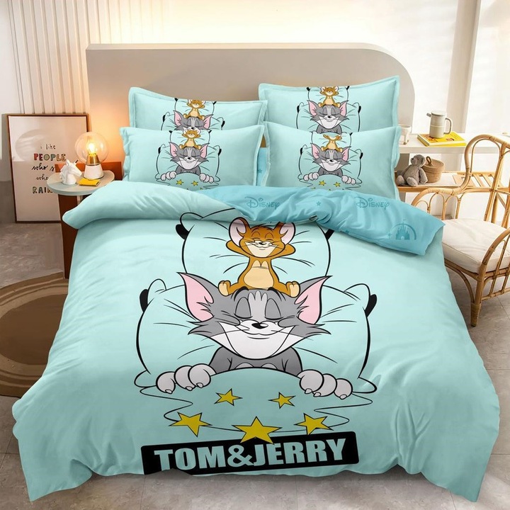 Lenjerie de pat, 2 persoane, imprimeu identic 3D, finet, 6 piese, turcoaz, cu Tom si Jerry, LFD130