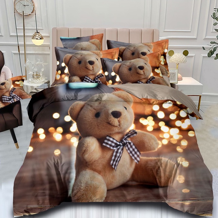 Lenjerie de pat 2 persoane, set 6 piese, imprimeu 3D cu ursuleți, gri și maro