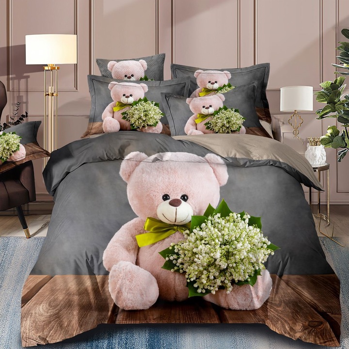 Lenjerie de pat, 2 persoane, imprimeu 3D cu ursuleti, gri si maro, finet, set 6 piese, 200x230cm/ 230x250cm/ 50x70cm/70x70cm
