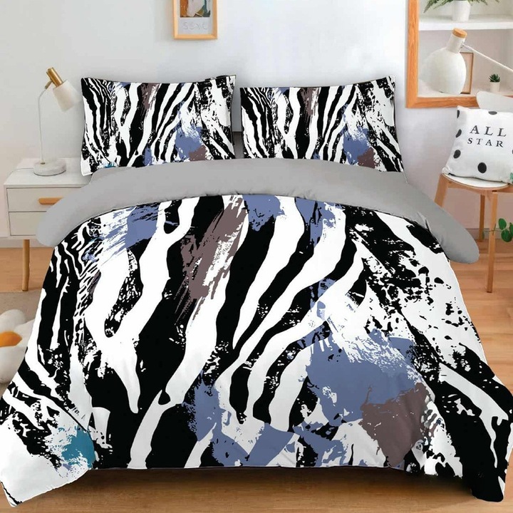 Lenjerie de pat, 2 persoane, imprimeu identic 3D, finet, 6 piese, negru gri alb, imprimeu zebra, LFD142