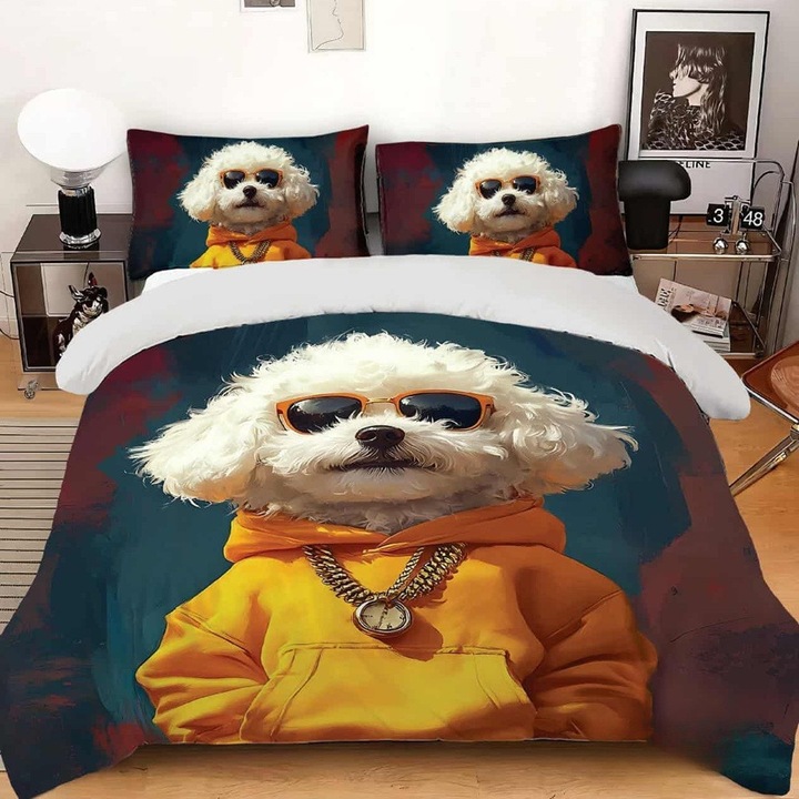 Lenjerie de pat, 2 persoane, imprimeu identic 3D, finet, 6 piese, maro albastru alb, catelusi, LFD137