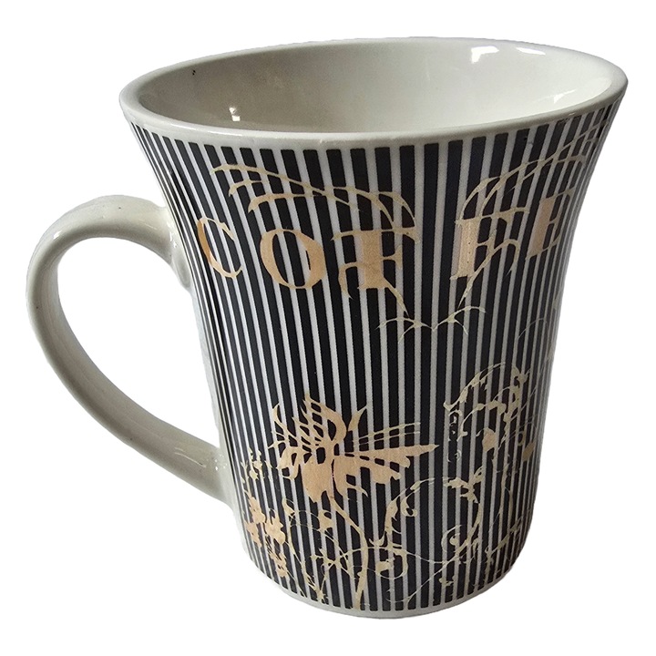 Cană ceramică 300 ml, alb-negru cu decor floral auriu, design elegant, finisaj lucios