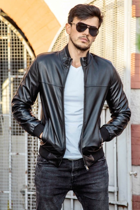 Jacheta barbati, Piele naturală, Leonardo, 266614, Negru, XL