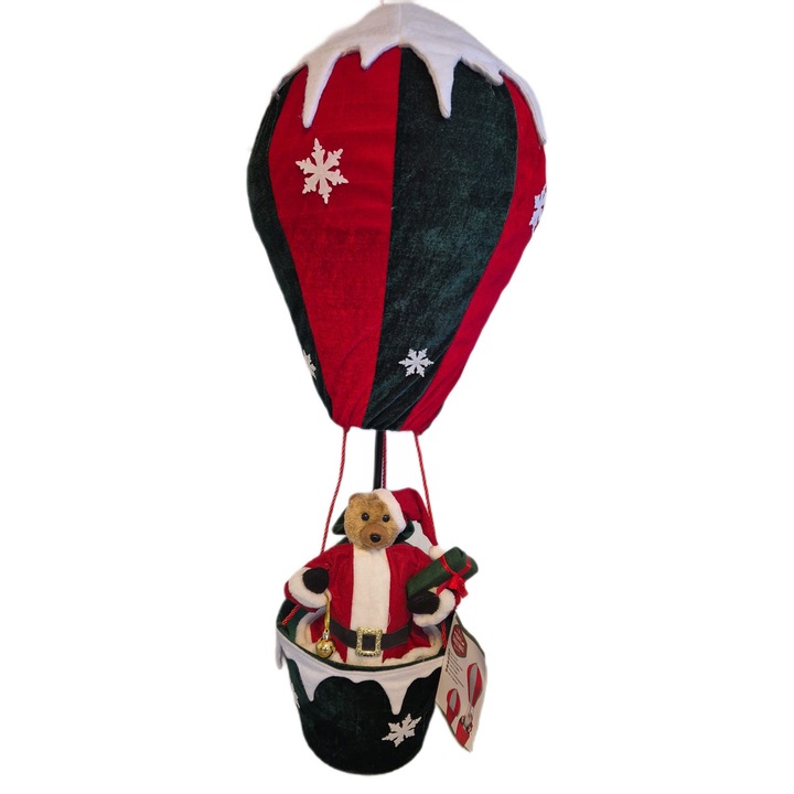 Ornament de Craciun – Balon cu aer cald si ursulet Mos Craciun, 110 cm, din catifea
