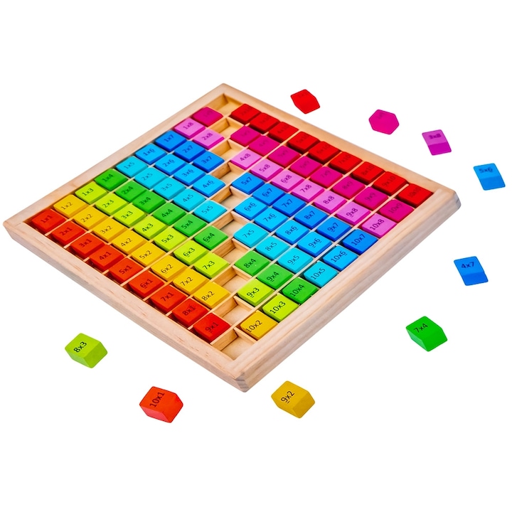 Joc matematic din lemn Tabla inmultirii, 100 cuburi colorate, 20×20×2 cm