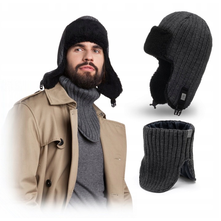 Set de iarna pentru barbati, pamami, captuseala pentru urechi cu incalzitor de gat, marime 56-60 cm, material 100% acrilic, captuseala din fleece, setul include o caciula si incalzitor de gat, culoare grafit, rezistent la inghet, certificat Oeko-Tex®