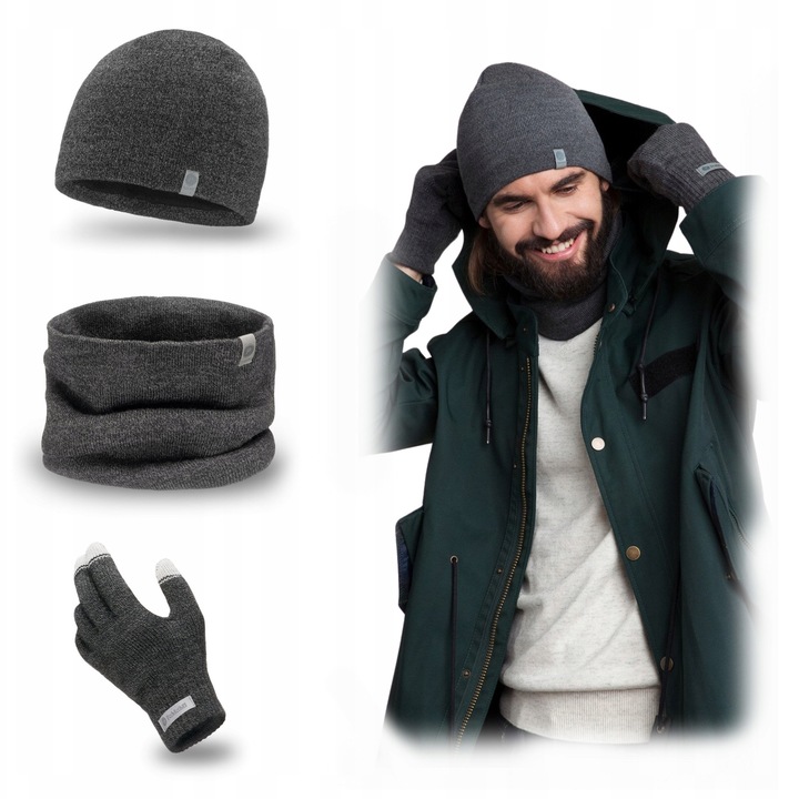 Pamami téli szett, sapka, sál és érintőképernyős kesztyű, sötétszürke, sapka mérete 22,5x24cm, kerülete 56-60cm
