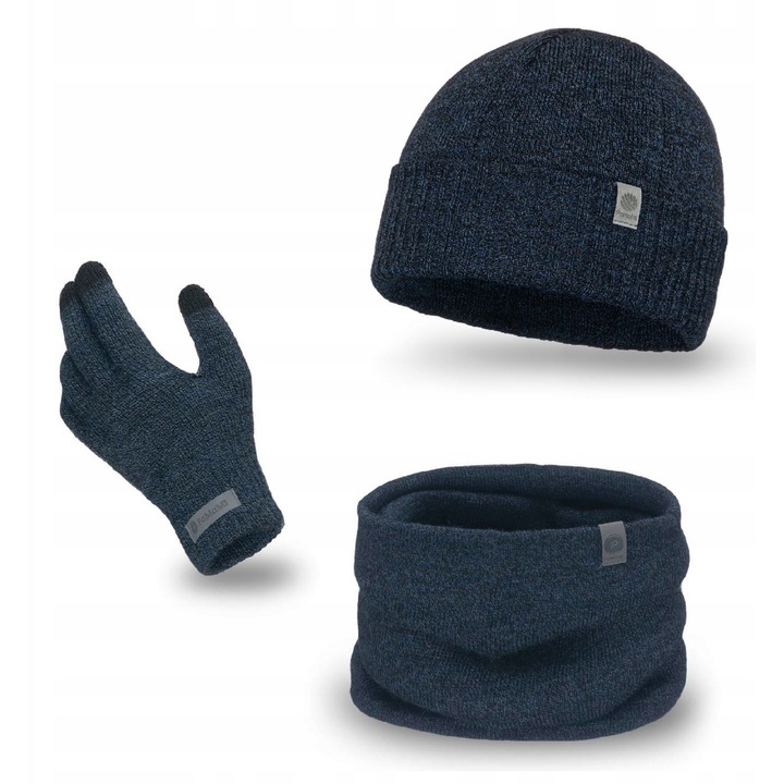 Férfi téli szett, Pamami, összecsukható sapka, csősál, érintőképernyős kesztyű, sötétkék, univerzális méret 56-60 cm