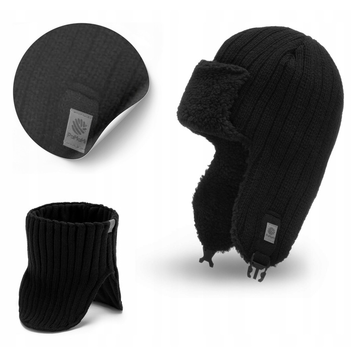 Férfi téli szett, Pamami, fülvédős sapka és sál, fekete, 56-60 cm
