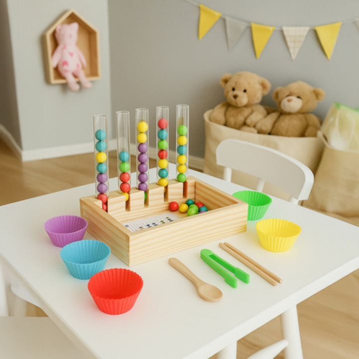 Jucarie educativa Montessori de sortare si numarare Zola, set complet, 16.5x14.5x22cm, multicolor