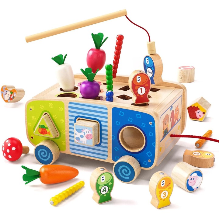 Jucarie Educativa Montessori Din Lemn, Potrivit pentru bebelusi, copii mici, baieti, fete, 1-3 ani, cadou de ziua de nastere, dezvoltarea abilitatilor motorii fine, joc de pescuit, joc de recoltare a morcovilor