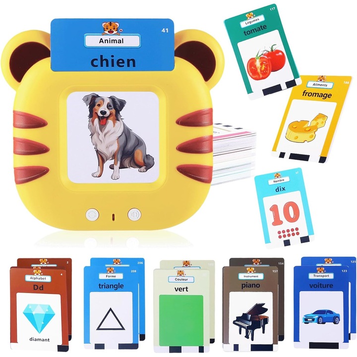 Jucarie educativa Montessori pentru copii, invatare cuvinte in limba FRANCEZA, Flash Cards 224 cuvinte
