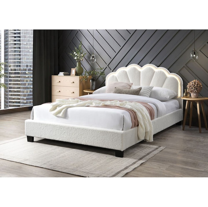 Pat tapitat Comfort 2 cu LED, 90x200cm, cadru din lemn, culoare Crem