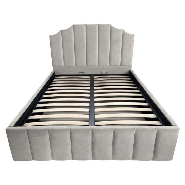 Pat dublu tapitat Baxter Luxury, crem deschis, somiera rabatabila, 180x200cm, spatiu de depozitare