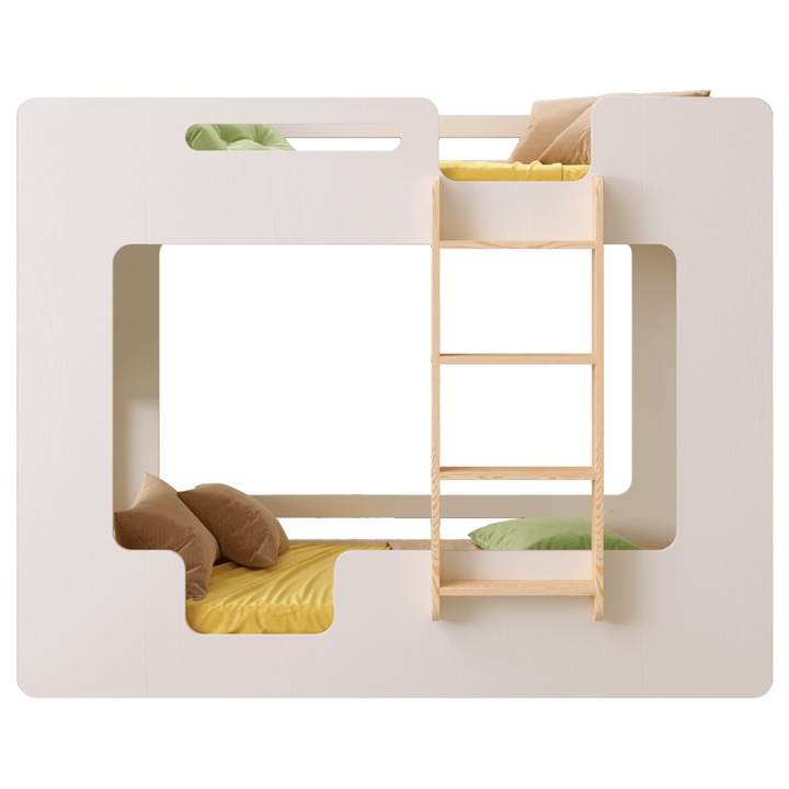 Pat supraetajat copii 180x90 cm in culoarea alb, vopsit manual, din lemn de pin, cu bariera de protectie si somiera de pana la 230 kg – MIMI B - Pat Scandinav pentru copii, potrivit atat pentru baieti, cat si pentru fete - Smartwood