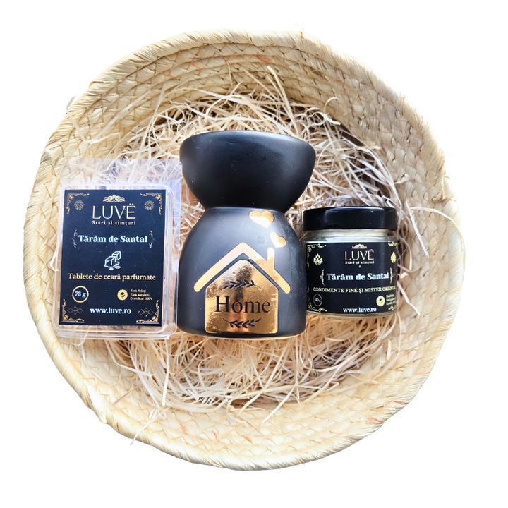 Комплект за подарък: дифузер за ароматерапия + свещ LUVE + ароматизирани таблетки, Taram de Santal, сандалово дърво, 400гр