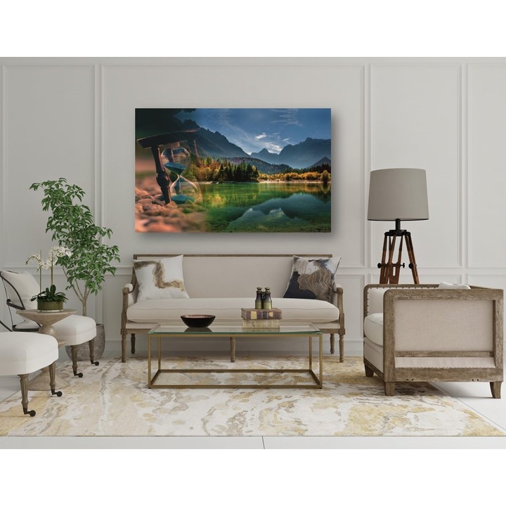 Tablou Canvas Modern - Reflexia Timpului, Clepsidra cu Nisip in Peisaj de Munte Toamna, Decor Modern Pentru Living, Canvas pe sasiu de lemn, 70x100cm