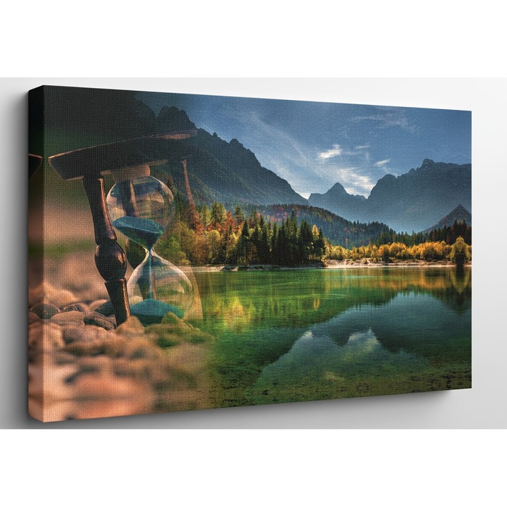 Tablou Canvas Modern - Reflexia Timpului, Clepsidra cu Nisip in Peisaj de Munte Toamna, Decor Modern Pentru Living, Canvas pe sasiu de lemn, 50x70cm