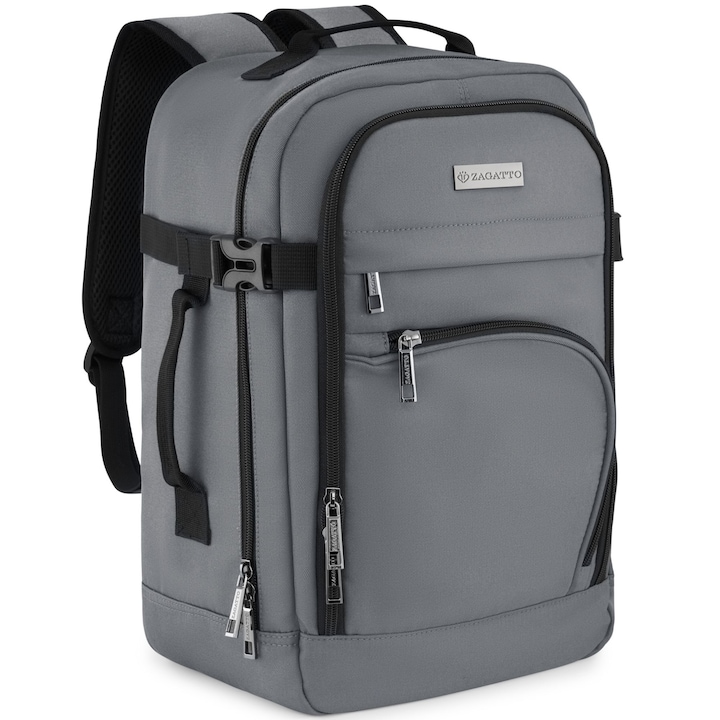 Раница за пътуване, Zagatto, Сива, Ръчен багаж 40x20x25 см, Раница за самолет, Съвместима с Wizz Air, Ryanair, Компресионни презрамки, Прикрепяща се към куфар, Водоустойчива, Капацитет 20L, 10 кг, Отваряне на 90 градуса, ZG1037