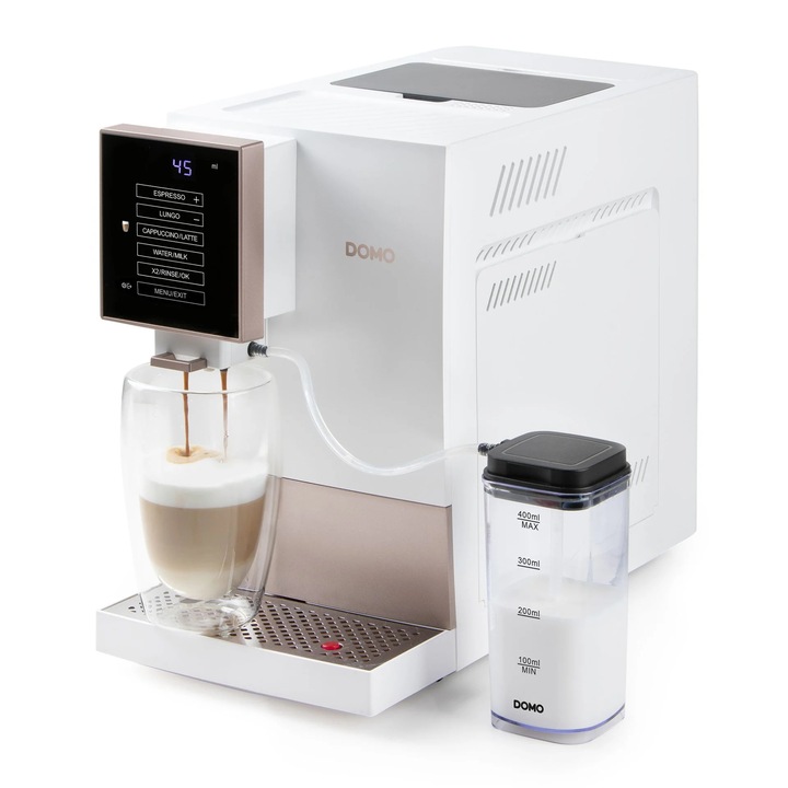 Espressor automat DOMO, 19 bari, ideal pentru toate specialitatile de cafea, rezervor boabe cafea 125 gr, rasnita integrata, rezervor lapte 400 ml, sistem Thermoblock, incalzire rapida, inaltime ajustabila a duzei de cafea, alb