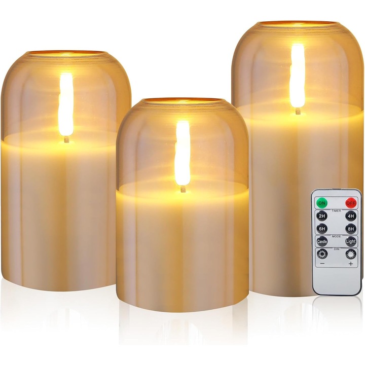 Set 3 Lumanari LED din Ceara Naturala si Cupola din Sticla, cu Telecomanda si Temporizator – Design Realist, Lumina Calda Romantica, 4 Intervaluri de Timp (2/4/6/8h)
