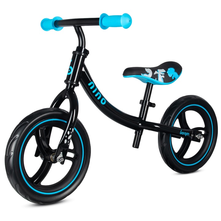 Детски велосипед за баланс Bergen Nino, черен/син цвят, възраст 2-4 години, здрава стоманена рамка, 12” колела, регулируема седалка и кормило, тегло 2.5 кг, CE и EN71 сертификати
