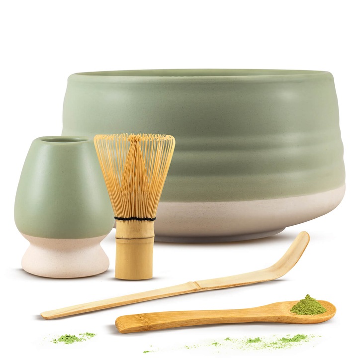 Matcha Set Traditional, Cebador, Ceramic Bol Menta 500 ml, Accesorii Ceai Chasen, Bat Bambus Pentru Mixat