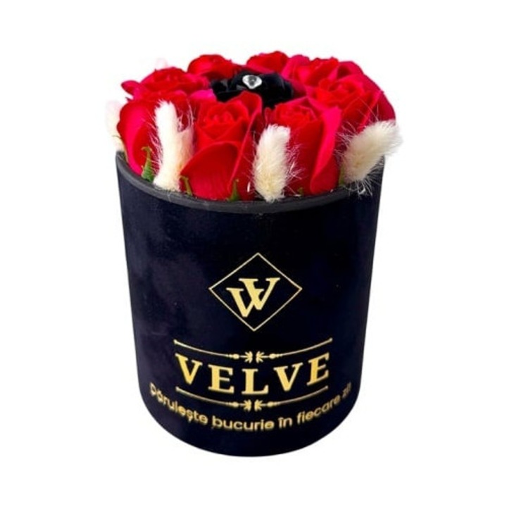 Aranjament floral VLV, cu 9 trandafiri de sapun, lagurus criogenat si cristal, in cutie neagra de catifea, Rosu-Negru, Velve