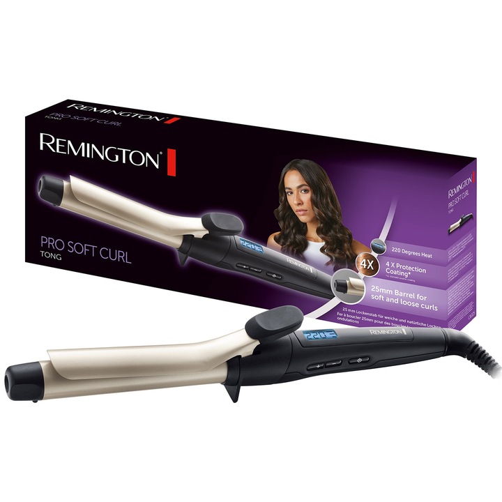 Ondulator Remington Pro Soft Curl, 25 mm, ceramica antistatica, negru/crem, set de 1
