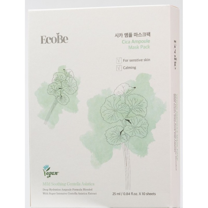 EcoBe Masca Cica Coreeana cu Centella Asiatica - Reparare si Calmarea Tenului Sensibil, Efect Anti-Iritatie, 10 buc