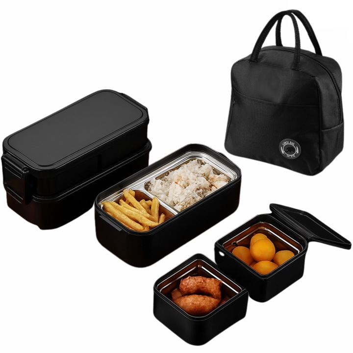 Комплект кутии за храна от неръждаема стомана, 800 мл, 2 слоя, матово черно, включена термоизолирана чанта, кутия за храна, издръжлива, подходяща за съдомиялна машина, кутия за обяд