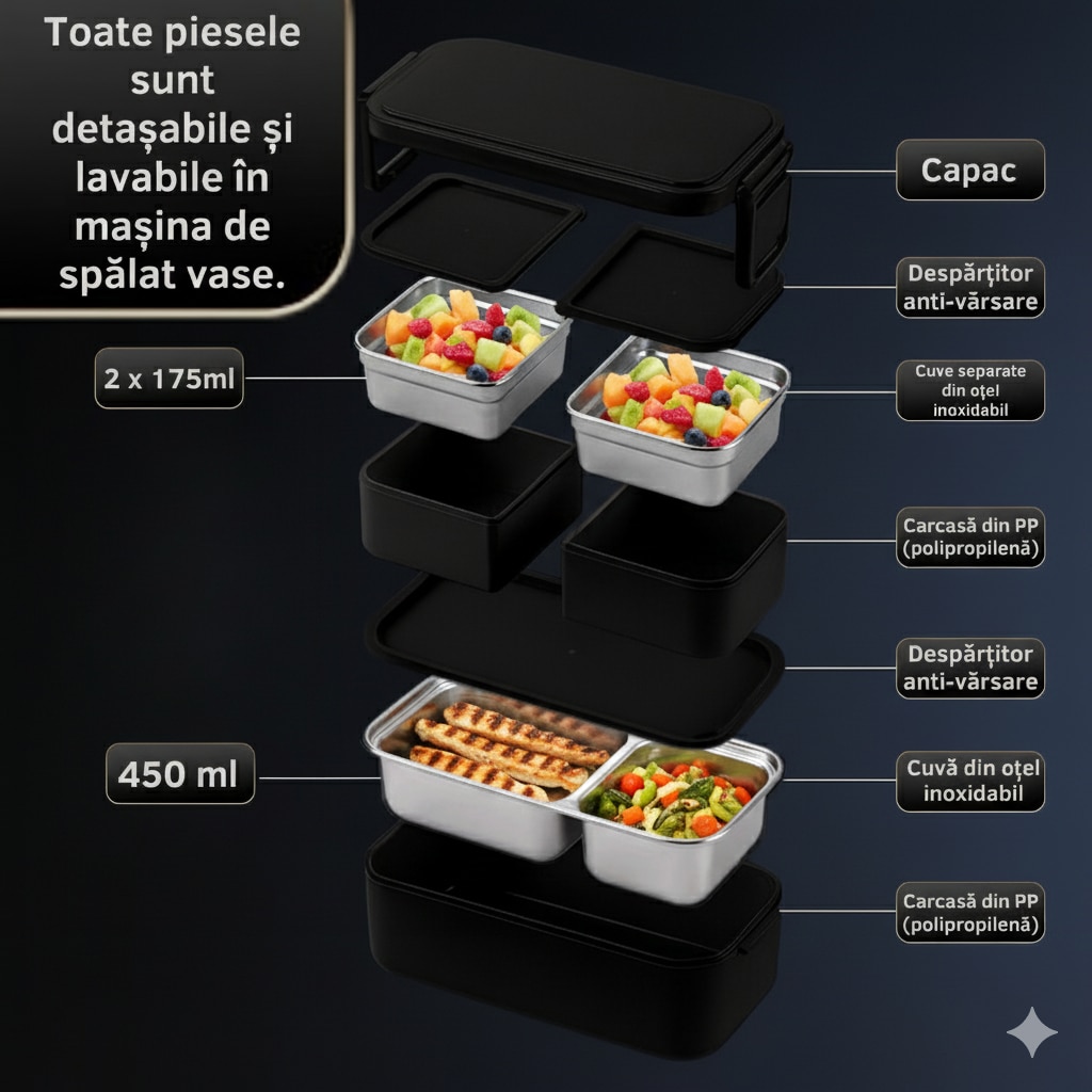 Set Caserole Inox, 800ml, 2 straturi, Negru Mat, Geanta
